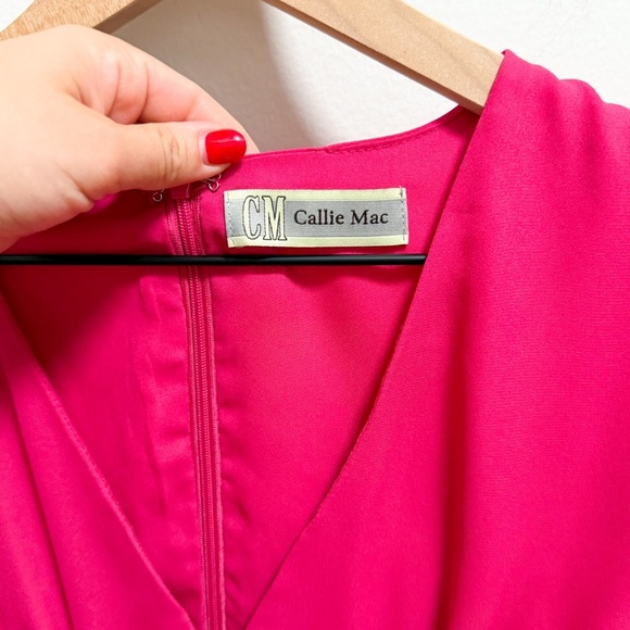 Vintage hot pink fuchsia barbiecore coquette v neck dress ruffle sleeve small - Picture 3 of 14